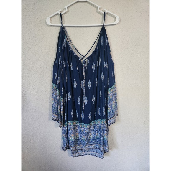 Torrid Blue Off Shoulder Sleeve Blouse Diamond Pattern Womens Plus‎ 2X Rayon - Picture 1 of 8